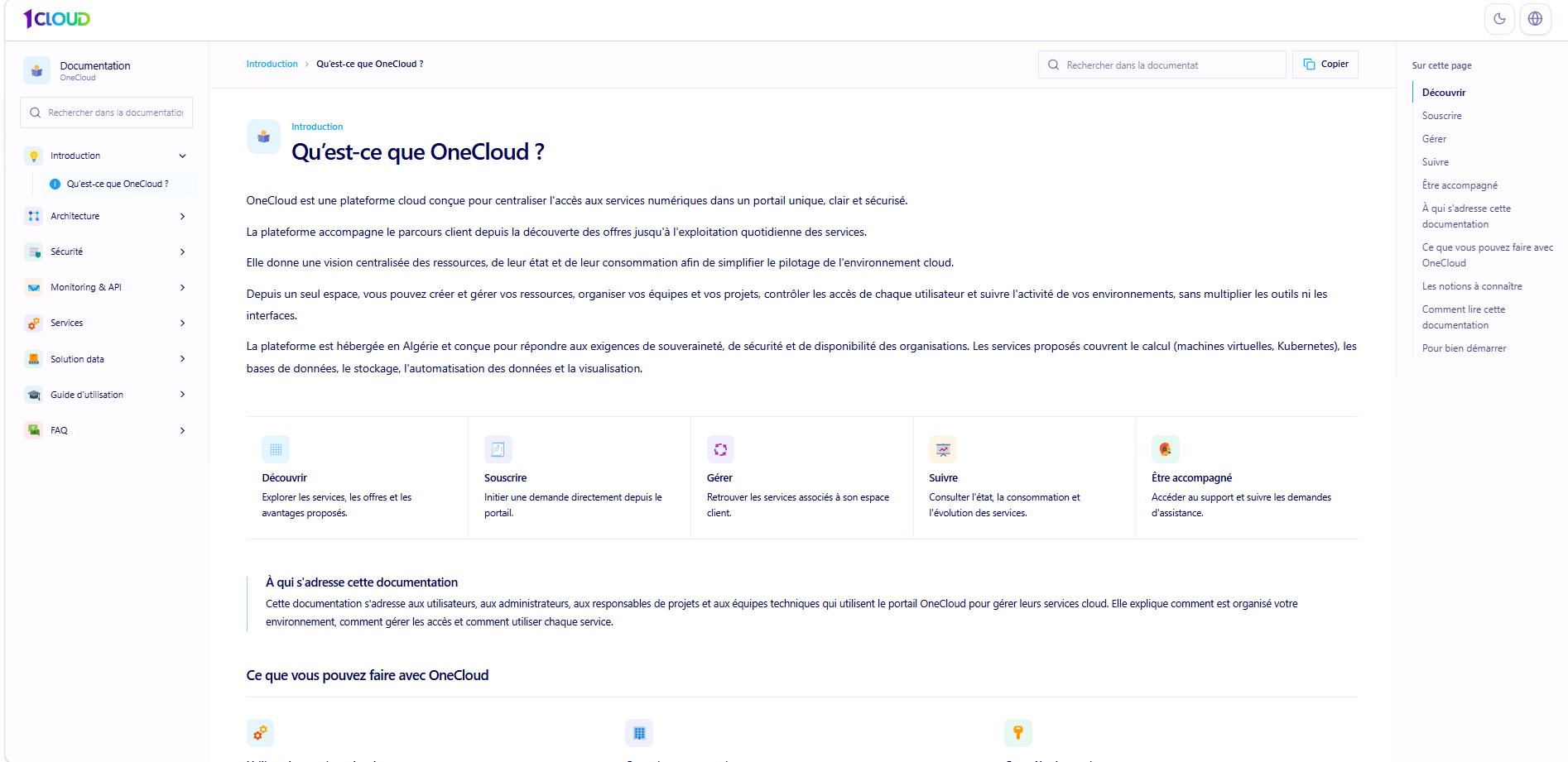 Le site de documentation OneCloud, ouvert depuis le portail