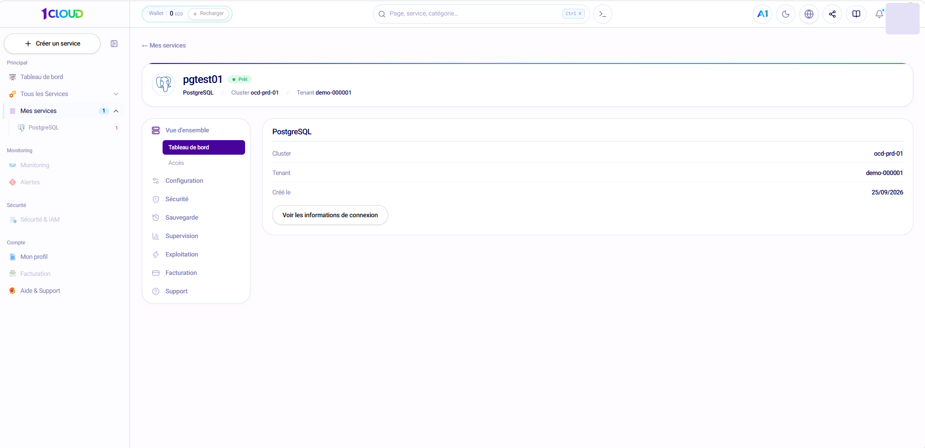 Onglet « Vue d'ensemble › Tableau de bord » d'une instance PostgreSQL