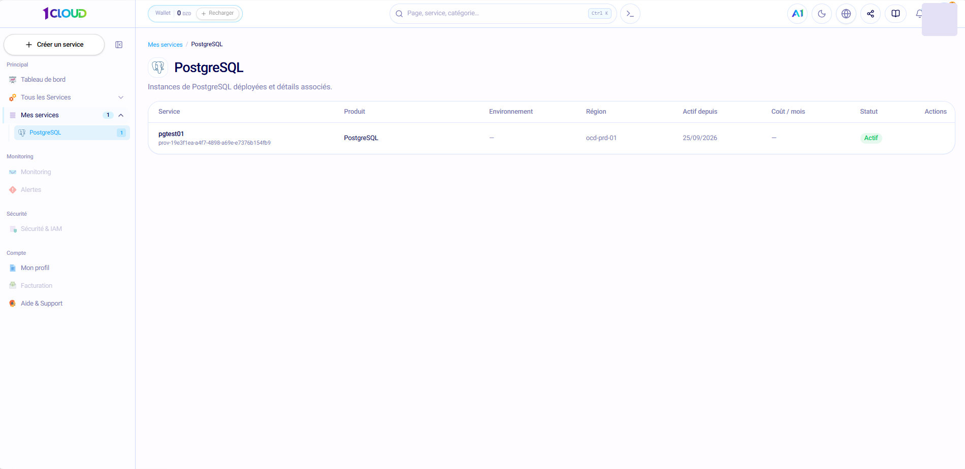 Liste des instances PostgreSQL dans « Mes services »