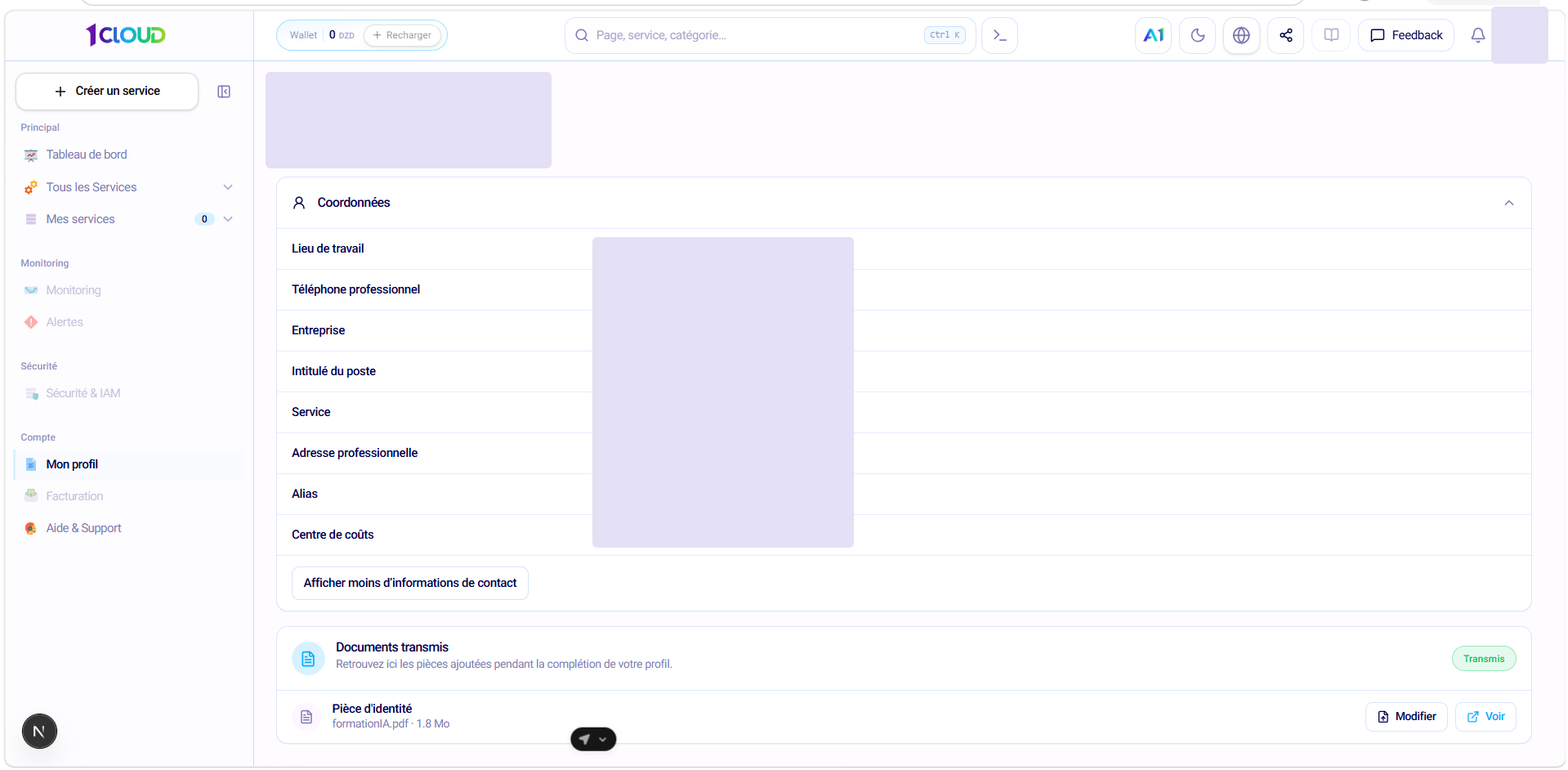 Page « Mon profil », avec les informations personnelles masquées