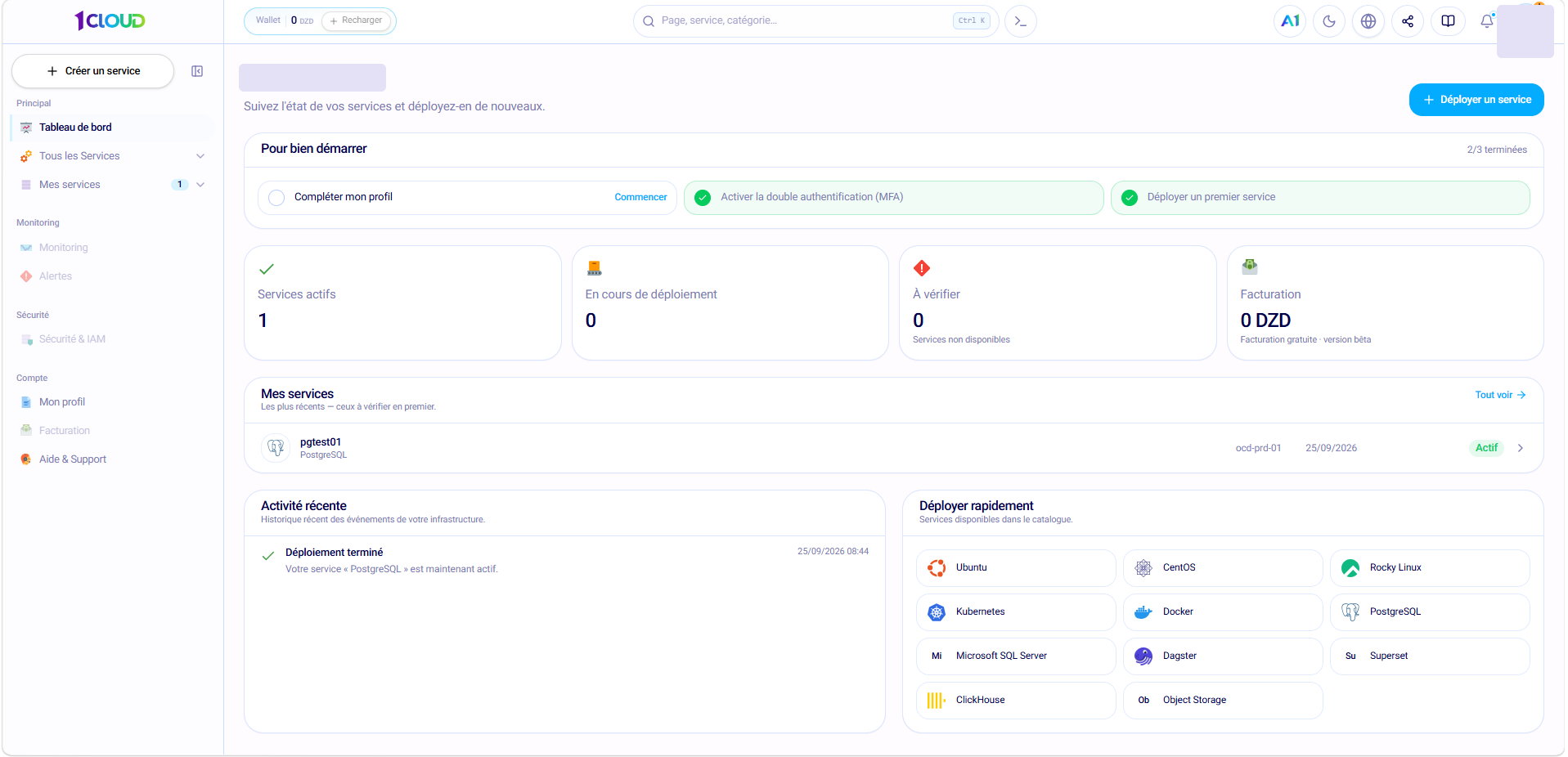 Page « Tableau de bord » du portail OneCloud