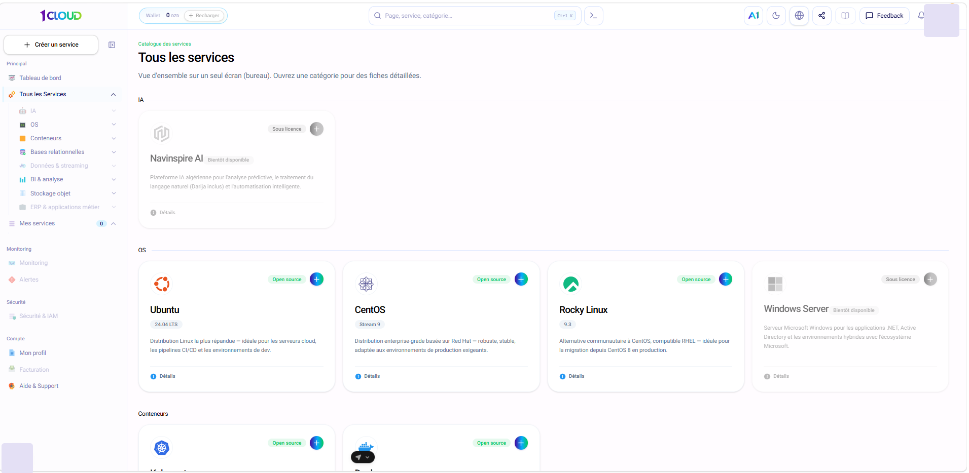 Catalogue « Tous les Services » du portail OneCloud
